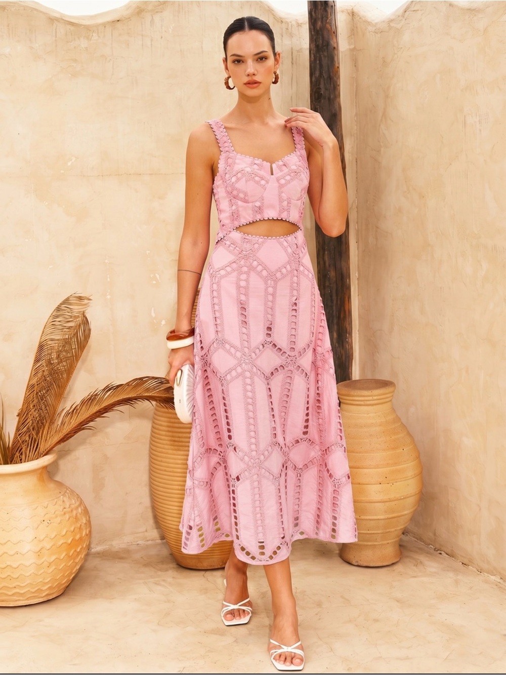 Commense Blush Pink Lace Cutout EMBROIDERED Midi Dress